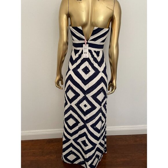 Vineyard Vines Diamond Print Maxi Dress Blue Strapless Elegant Lined Size 0 Reso - Picture 2 of 9